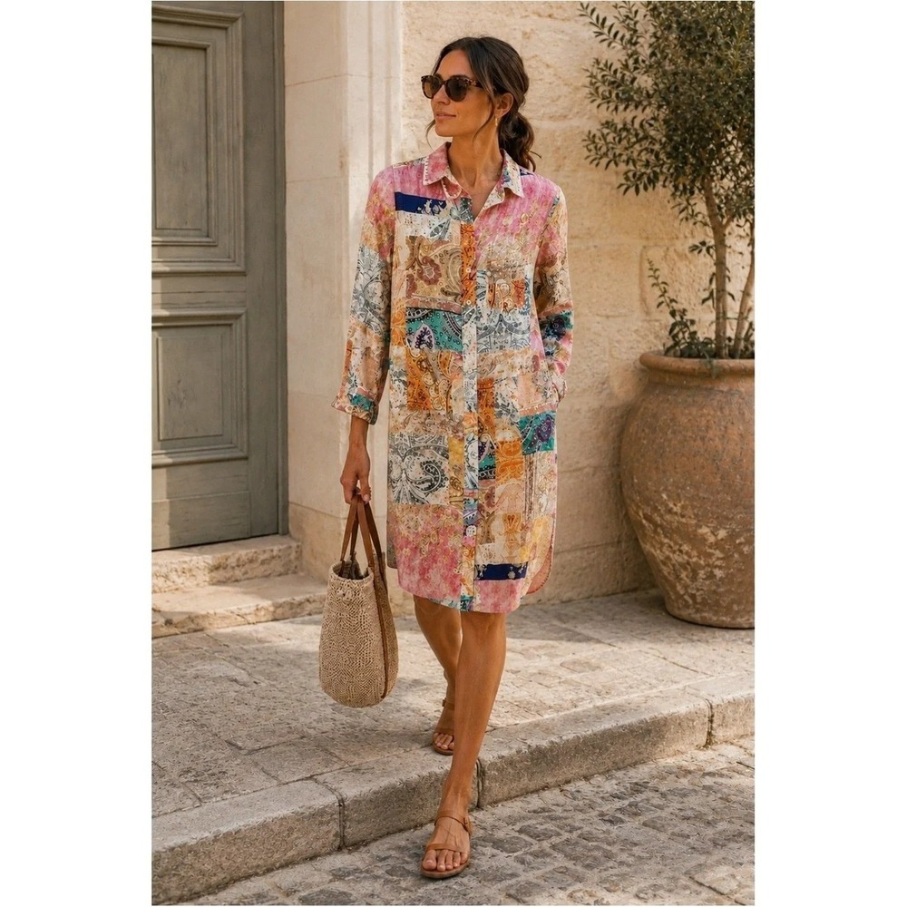 Magaschoni Linen Patchwork Midi Dress Embroidered Trim Boho